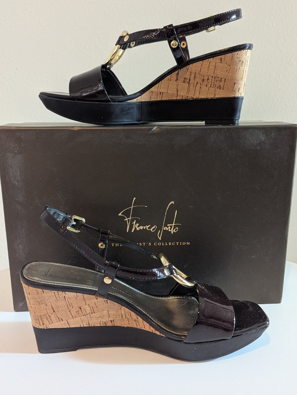 Franco Sarto Glare Patent Black Cork Wedge Sandals Size 8 N